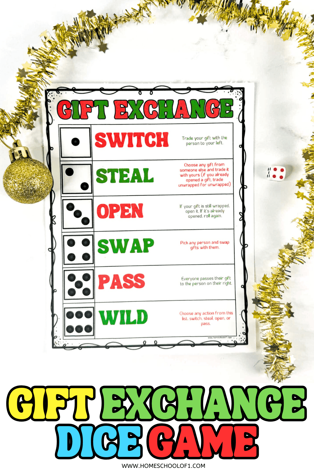 Printable gift exchange dice game with festive Christmas rules for swapping, stealing, and unwrapping gifts during a holiday party.