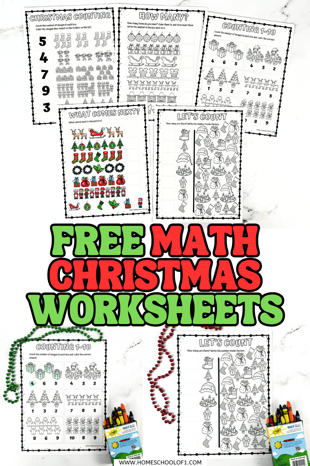 Five printable Christmas math worksheets for kids, featuring activities like counting, number matching, and pattern recognition with holiday images like Santa, gifts, and reindeer.

