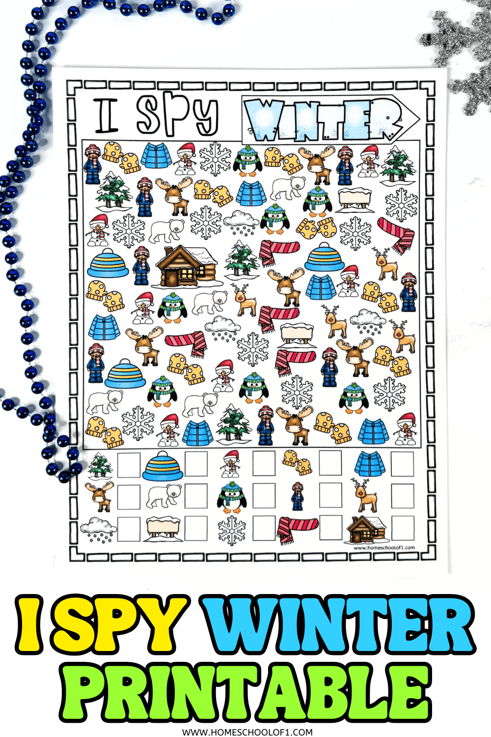 Colorful winter I Spy printable worksheet featuring penguins, moose, igloos, and snowflakes for kids to count and find.