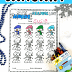 January reading log printable with colored snowmen, winter beads, glitter snowflakes, and a box of crayons.
