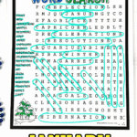 January word search printable with winter and New Year vocabulary circled in teal, featuring highlighted words like Capricorn, Aquarius, and goals.