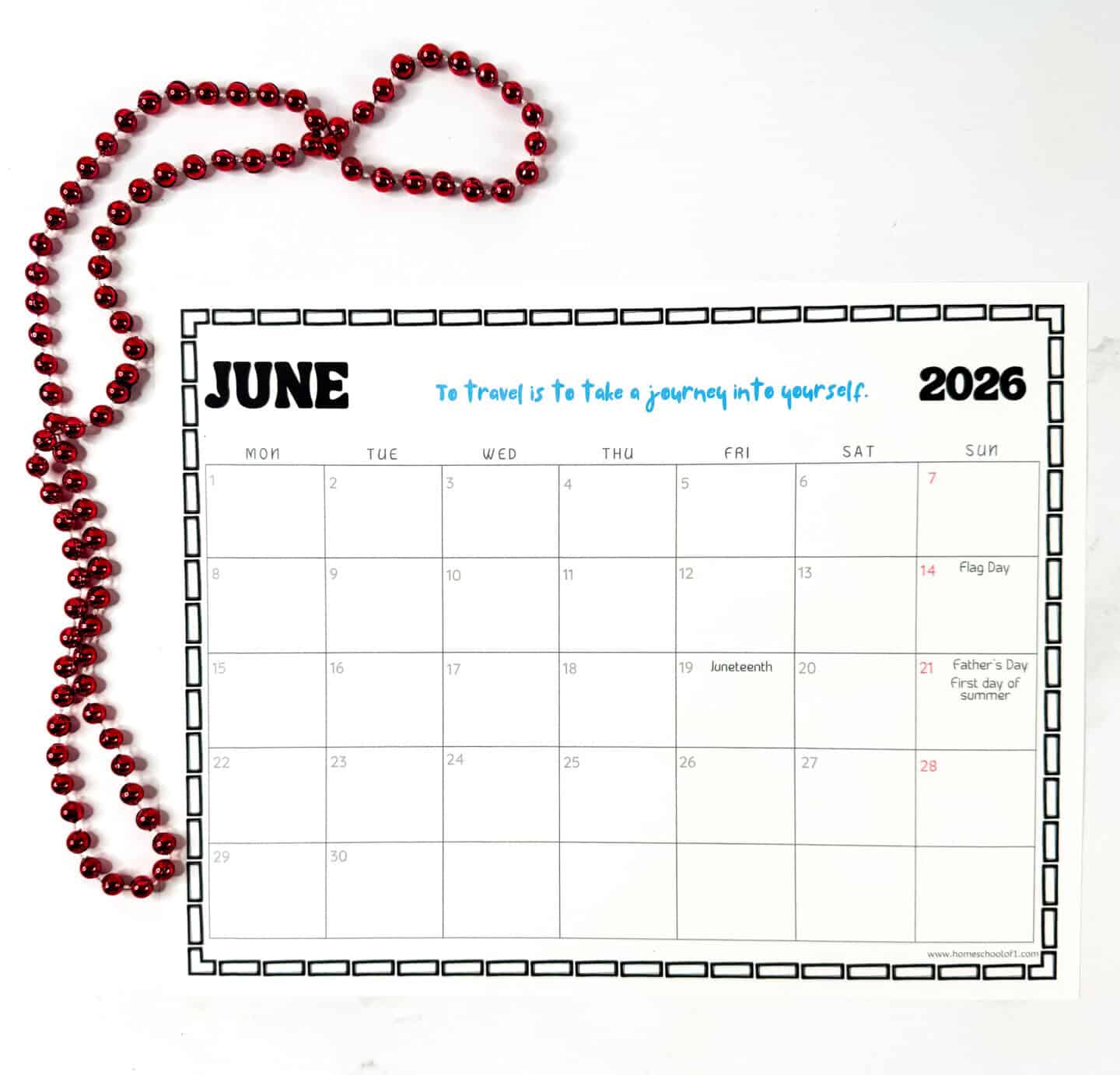 June 2026 printable calendar page including Flag Day, Juneteenth, Father’s Day, and the first day of summer, with red bead accent.