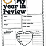 Kids’ New Year’s resolution worksheet titled “My Year in Review,” with spaces to draw a self-portrait, fill in name, age, height, set goals, and record favorites like movie, song, book, toy, food, and favorite school subject.