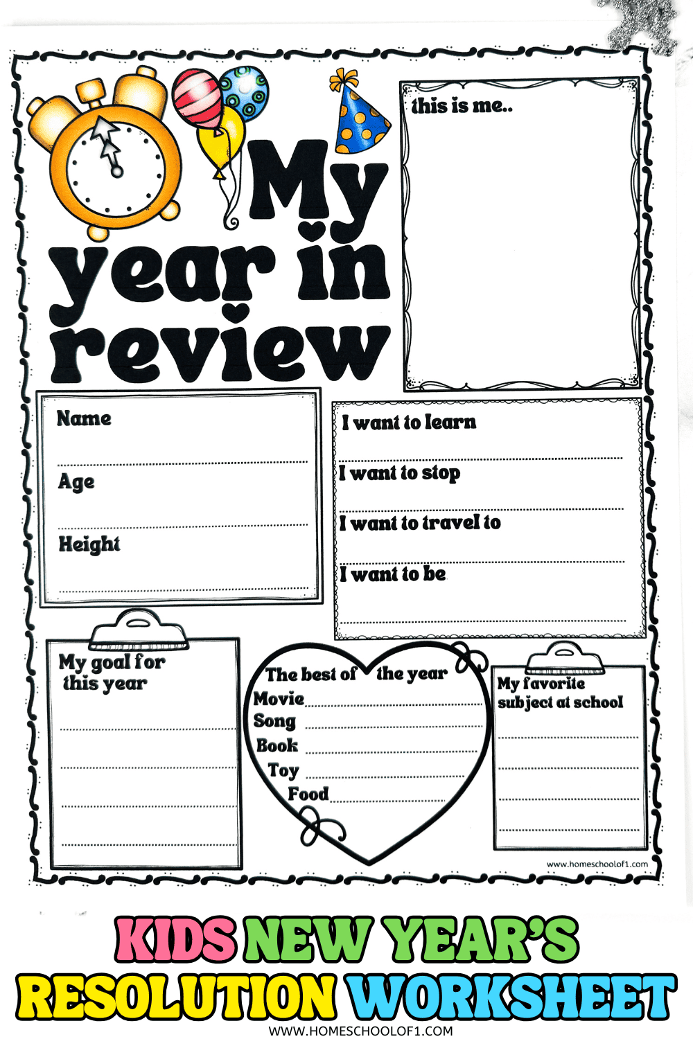 Kids’ New Year’s resolution worksheet titled “My Year in Review,” with spaces to draw a self-portrait, fill in name, age, height, set goals, and record favorites like movie, song, book, toy, food, and favorite school subject.