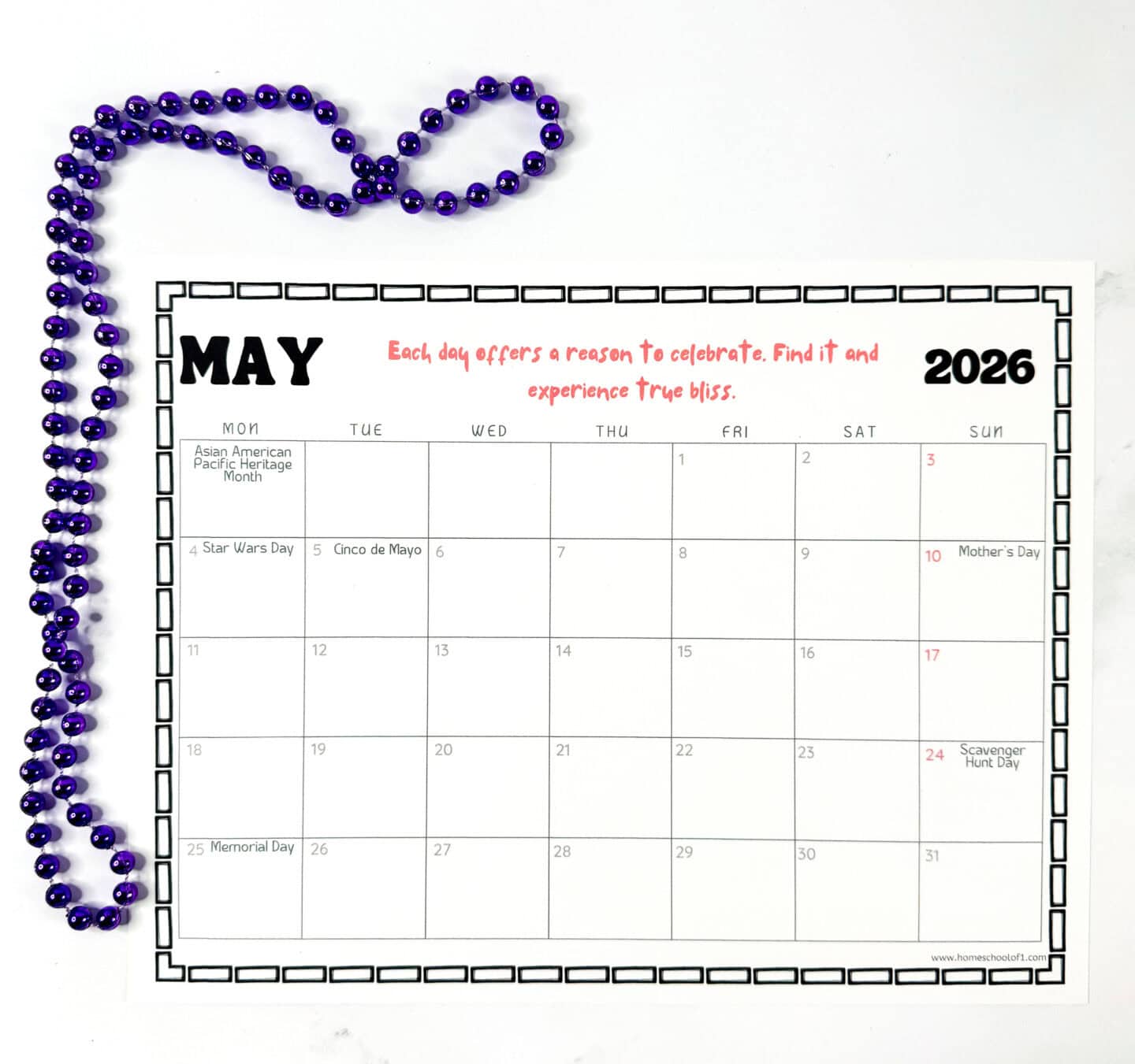 May 2026 printable calendar page featuring holidays like Star Wars Day, Cinco de Mayo, Mother’s Day, and Memorial Day, decorated with purple beads.