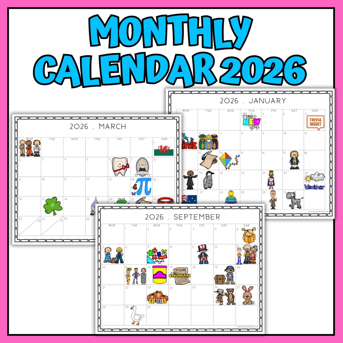 monthly calendar 2026 homeschool of 1
