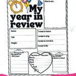 Free printable “My Year in Review” New Year’s resolution worksheet for kids, with sections for self-portrait, name, age, height, goals, favorite memories, and favorite subject at school.
