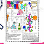 Completed New Year crossword puzzle for kids with colorful decorations, party hat, champagne bottle, and festive designs.