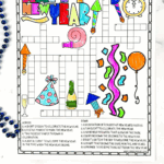 Unfinished New Year crossword puzzle printable with party hat, confetti, balloons, and fireworks illustrations.