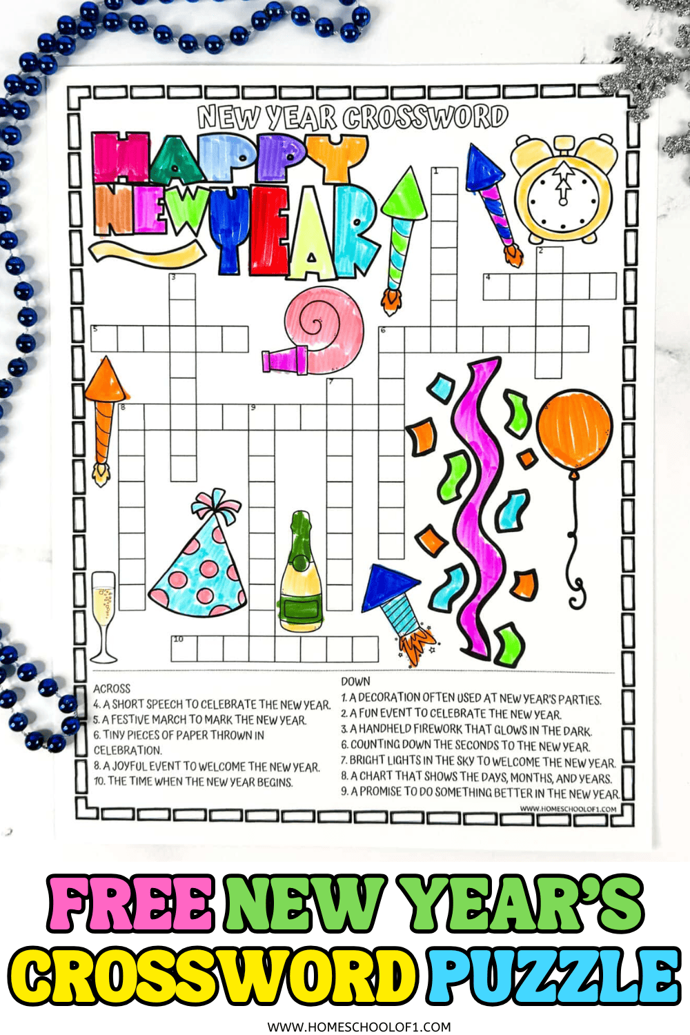 Unfinished New Year crossword puzzle printable with party hat, confetti, balloons, and fireworks illustrations.