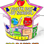 Close-up of a star-shaped 100th day of school crown colored by a child, featuring school supply illustrations and “100th Day of School” text.