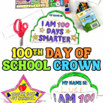 Colorful 100th day of school crowns decorated by kids, shown with crayons, scissors, glue, and extender strips on a white table.