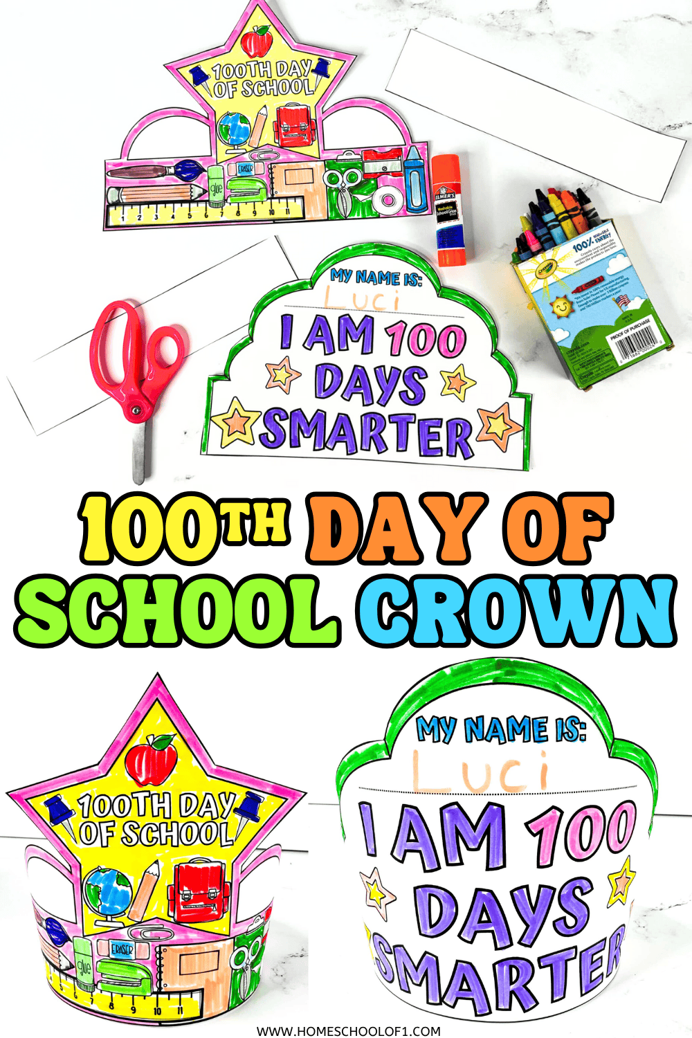 Colorful 100th day of school crowns decorated by kids, shown with crayons, scissors, glue, and extender strips on a white table.