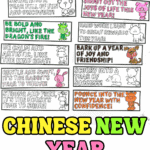 Chinese New Year zodiac bookmarks for kids to color, featuring all 12 animals with simple New Year phrases.