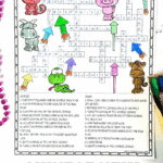 Chinese New Year crossword worksheet filled in and colored with zodiac animals and festive fireworks illustrations.