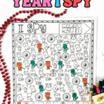Chinese New Year I Spy worksheet with zodiac animals, wheels, and gifts, partly colored with crayons and red beads beside the page.