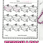 February reading log printable with heart shapes to color for each book read, featuring a Valentine-themed design and space to write a child’s name.