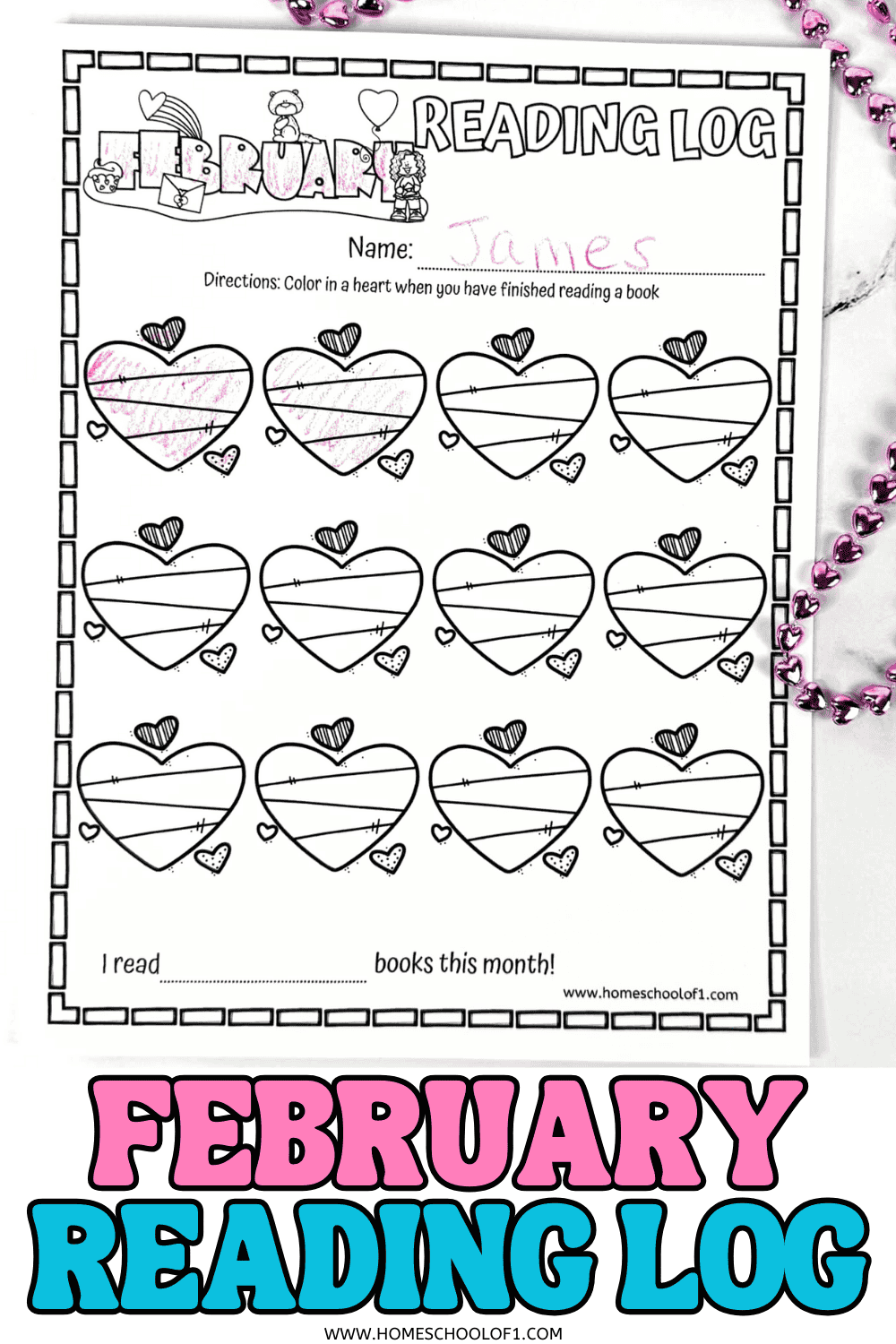 February reading log printable with heart shapes to color for each book read, featuring a Valentine-themed design and space to write a child’s name.