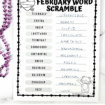 February word scramble worksheet with Valentine-themed words, including hearts, cupid, chocolate, amethyst, and groundhog, with answers filled in.
