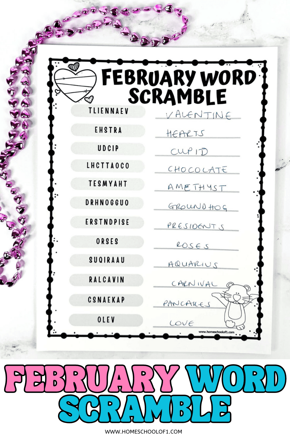 February word scramble worksheet with Valentine-themed words, including hearts, cupid, chocolate, amethyst, and groundhog, with answers filled in.