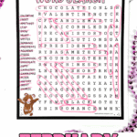 February word search printable for kids featuring Valentineโs Day, winter, and holiday vocabulary with answer key.