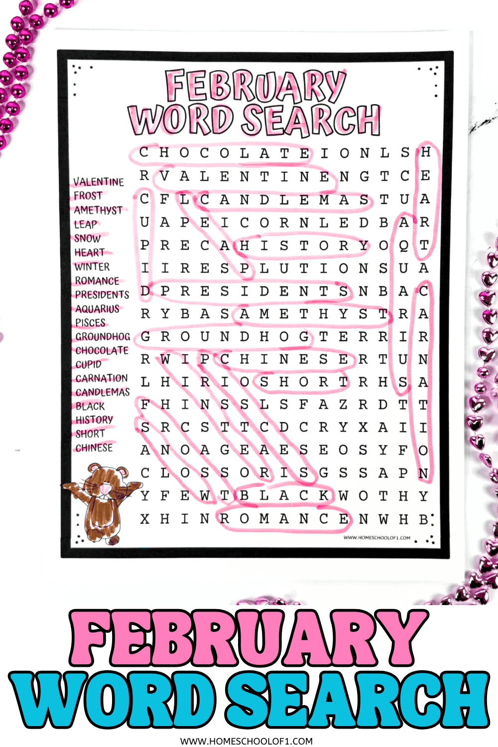 February word search printable for kids featuring Valentineโs Day, winter, and holiday vocabulary with answer key.