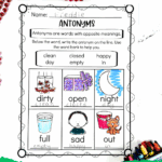 Completed antonyms worksheet for kids with colorful drawings showing opposites such as dirty/clean, open/closed, and night/day.