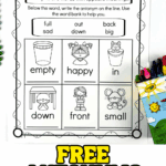 Printable antonyms worksheet for kids with illustrations and word bank to match opposite words like empty, happy, and small.