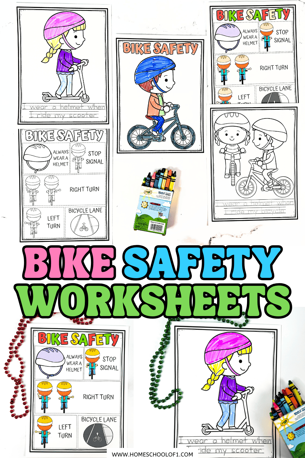 Free printable bike safety worksheets for kids including bike safety coloring pages, bicycle safety poster, helmet tracing activities, and scooter safety worksheets