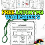 Three free antonyms worksheets for kids showing illustrated opposites like empty/full, happy/sad, and in/out with word banks.