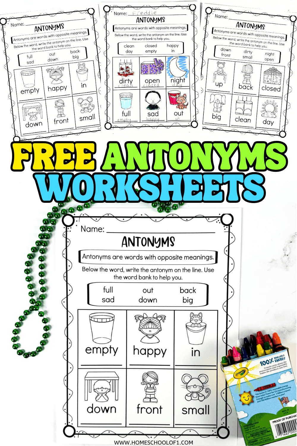 Three free antonyms worksheets for kids showing illustrated opposites like empty/full, happy/sad, and in/out with word banks.