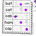 Child-friendly worksheet titled “Read it! Dot it!” featuring CVC words (bat, cat, cab, ham, cap) with matching pictures and purple dot marker stamps.