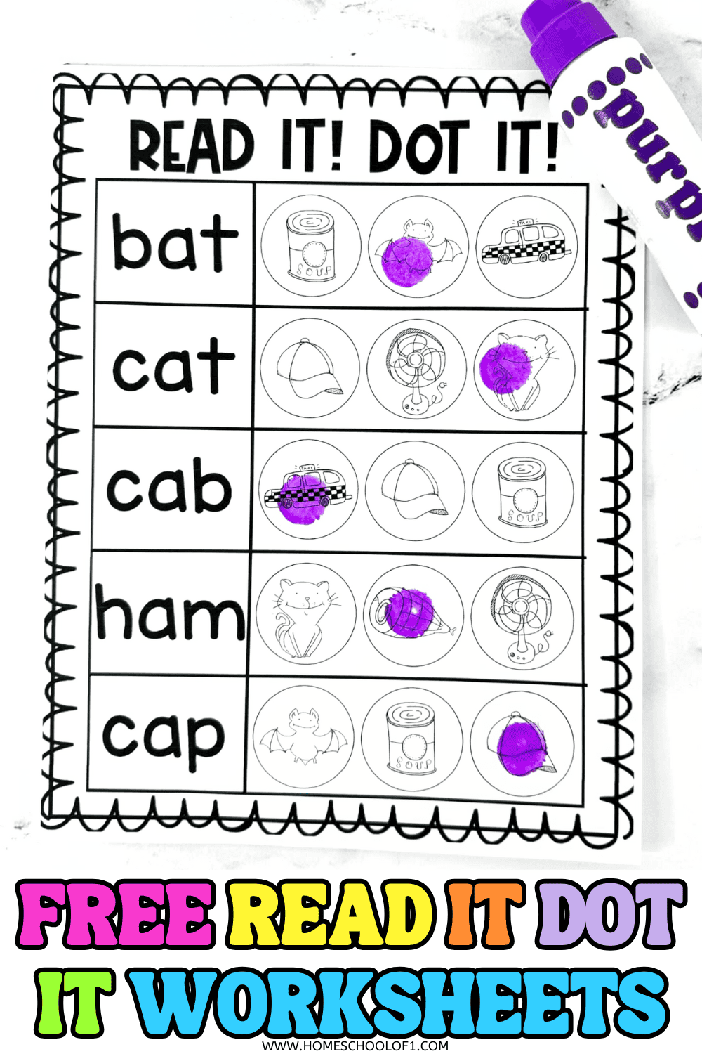 Child-friendly worksheet titled “Read it! Dot it!” featuring CVC words (bat, cat, cab, ham, cap) with matching pictures and purple dot marker stamps.

