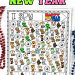 Colorful Chinese New Year I Spy worksheet filled with zodiac animals and symbols, with red and blue beads next to the page.