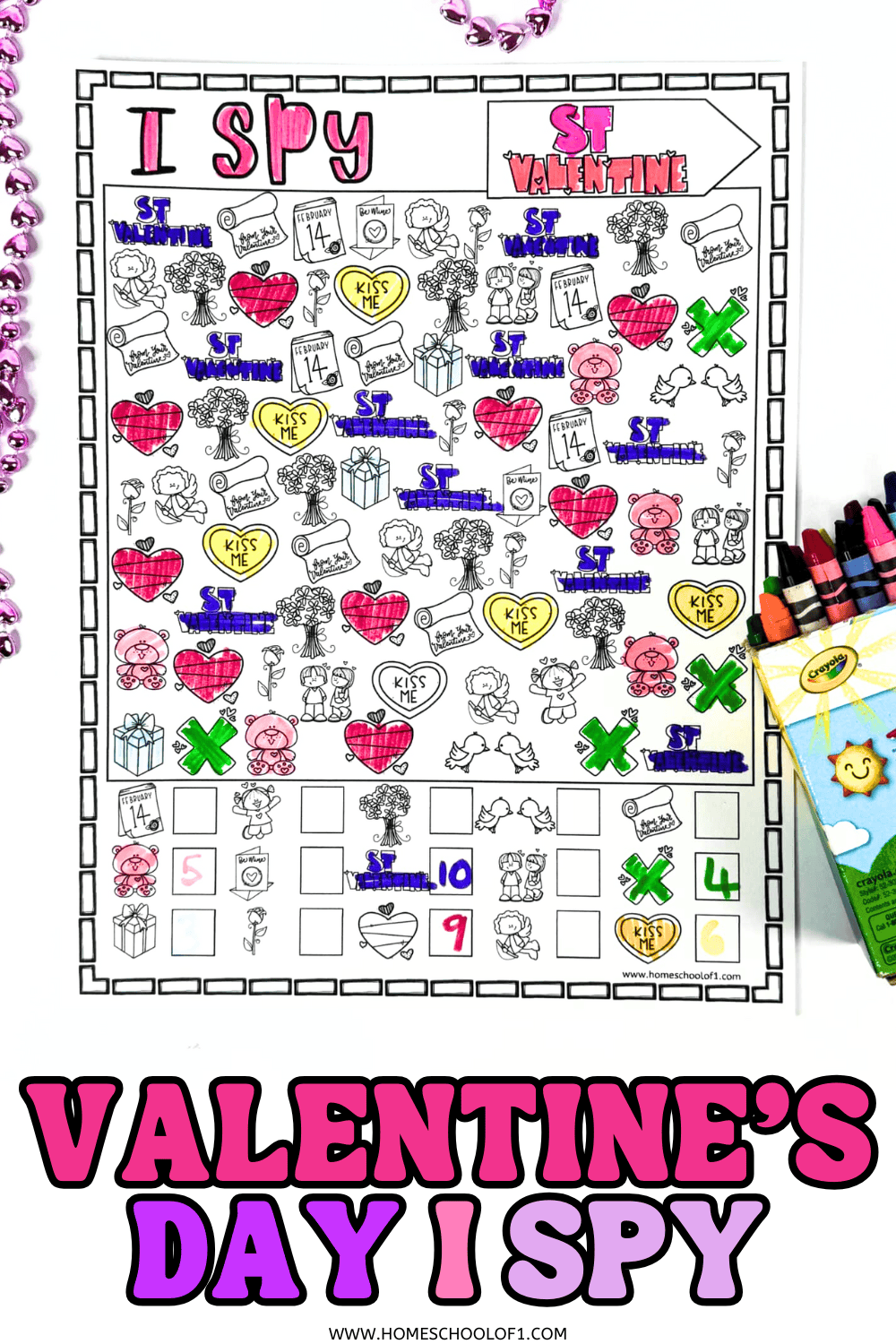 Black and white Valentineโs Day I Spy worksheet showing counted and colored Valentine pictures with number boxes.