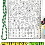 Black-and-white Chinese New Year I Spy worksheet with zodiac animals and counting grid, shown with crayons and green beads.