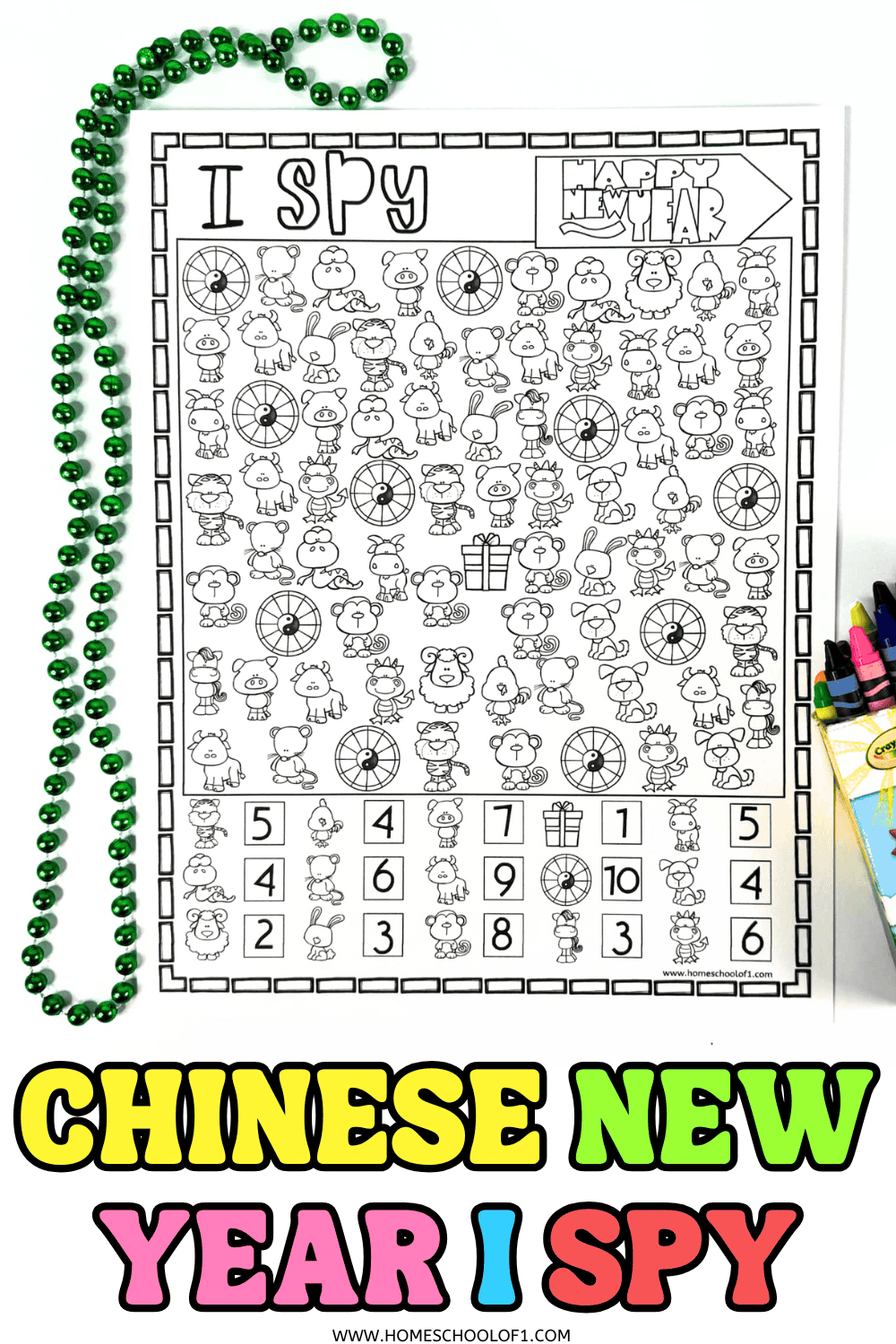 Black-and-white Chinese New Year I Spy worksheet with zodiac animals and counting grid, shown with crayons and green beads.