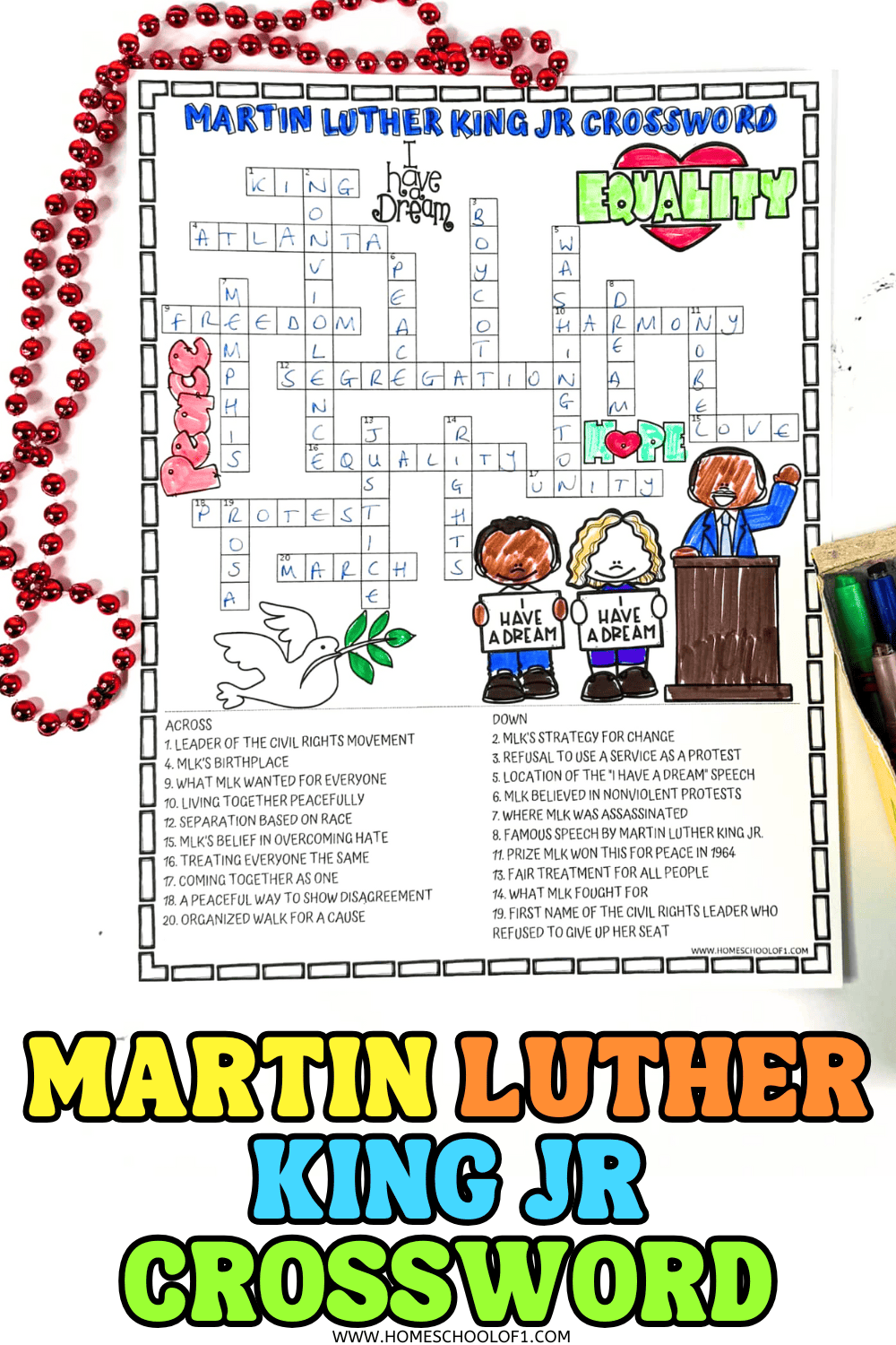 Completed Martin Luther King Jr crossword puzzle for kids featuring clues about civil rights, equality, nonviolence, and MLK’s life, shown with colored illustrations of Dr. King, a dove, and children holding ‘I Have a Dream’ signs.