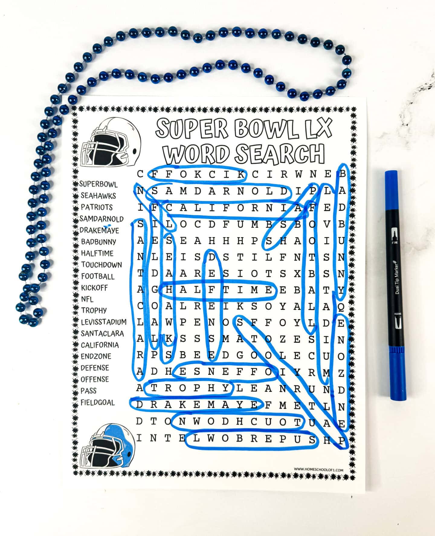 Free Super Bowl LX word search worksheet with football words, marker, and blue beads for game day fun