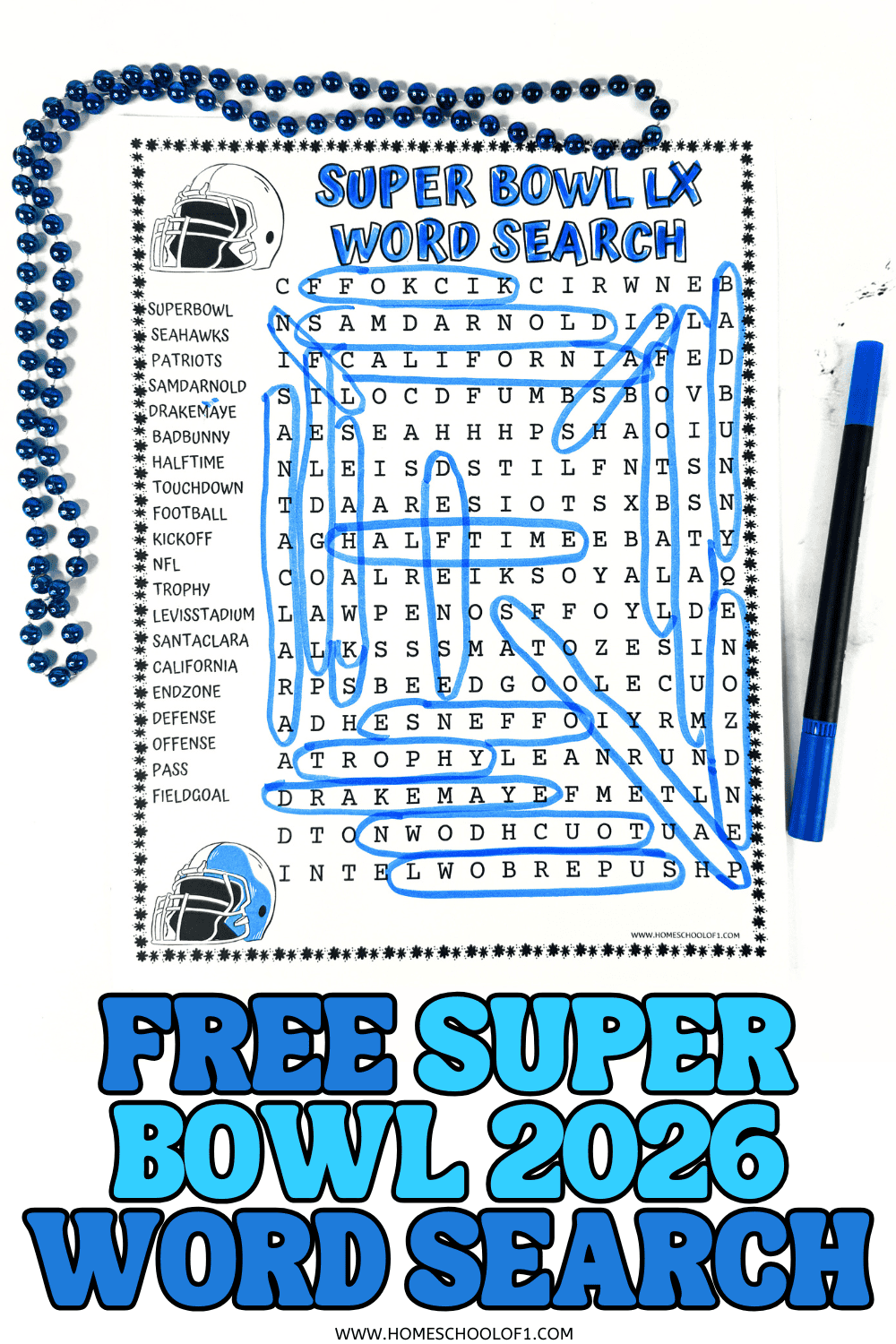 Free Super Bowl 2026 word search printable for kids featuring football-themed words and puzzle layout