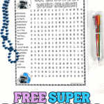 Super Bowl LX word search puzzle with team names, football terms, and themed word list on the side