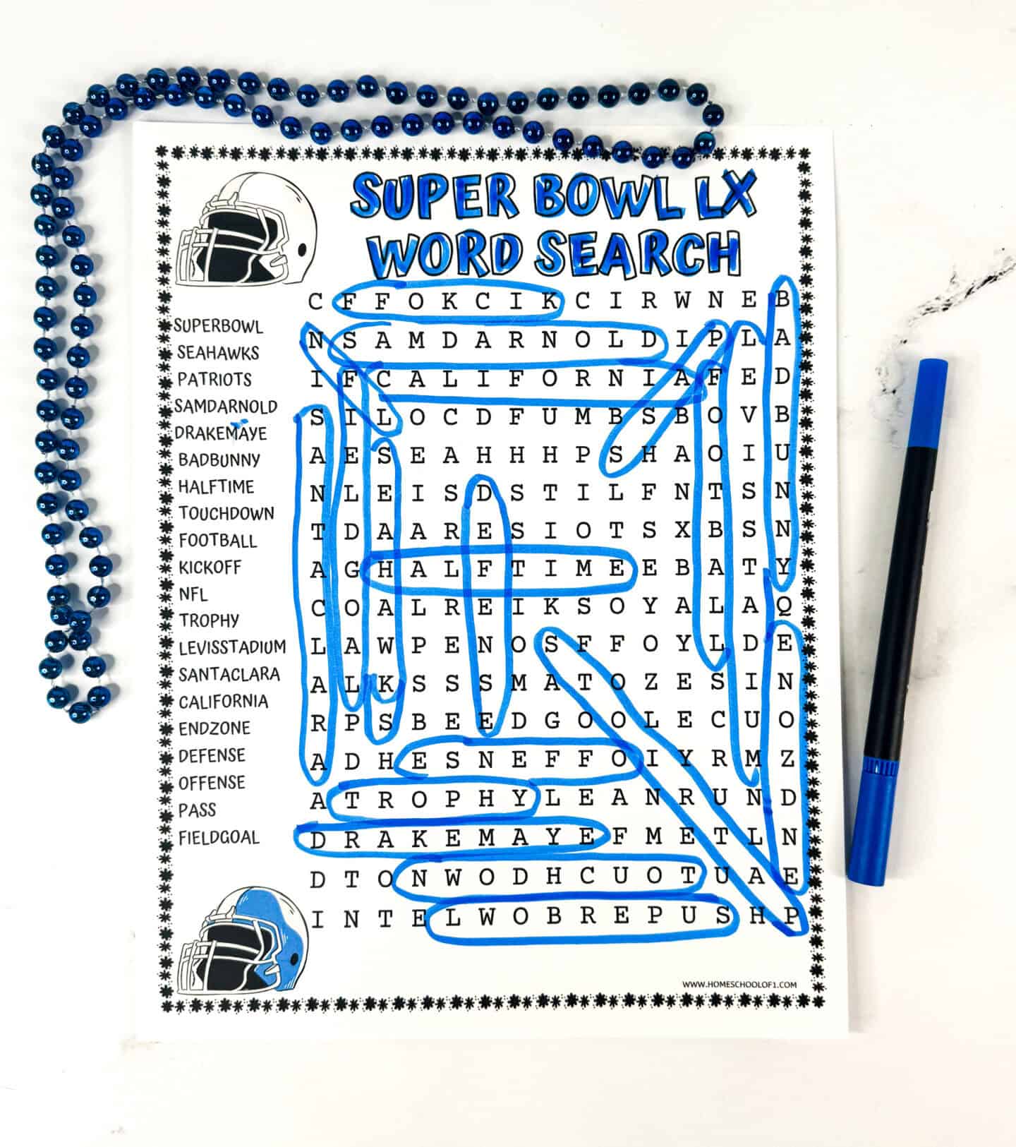 Super Bowl LX word search printable with football terms circled in blue marker on a white background