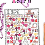 Valentine I Spy worksheet with hearts, cupid, teddy bears, candy hearts, flowers, and counting boxes for kids.