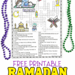 Ramadan crossword printable for kids with mosque, lantern, prayer, Quran, and crescent moon illustrations