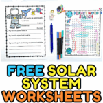 Free solar system worksheets for children including planet coloring pages, space count activity, astronaut writing sheet, planet word search, memory game, and moon phases crossword.