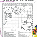 Black-and-white Valentineโs Day crossword puzzle for kids featuring a teddy bear, Cupid, hearts, and themed clues.