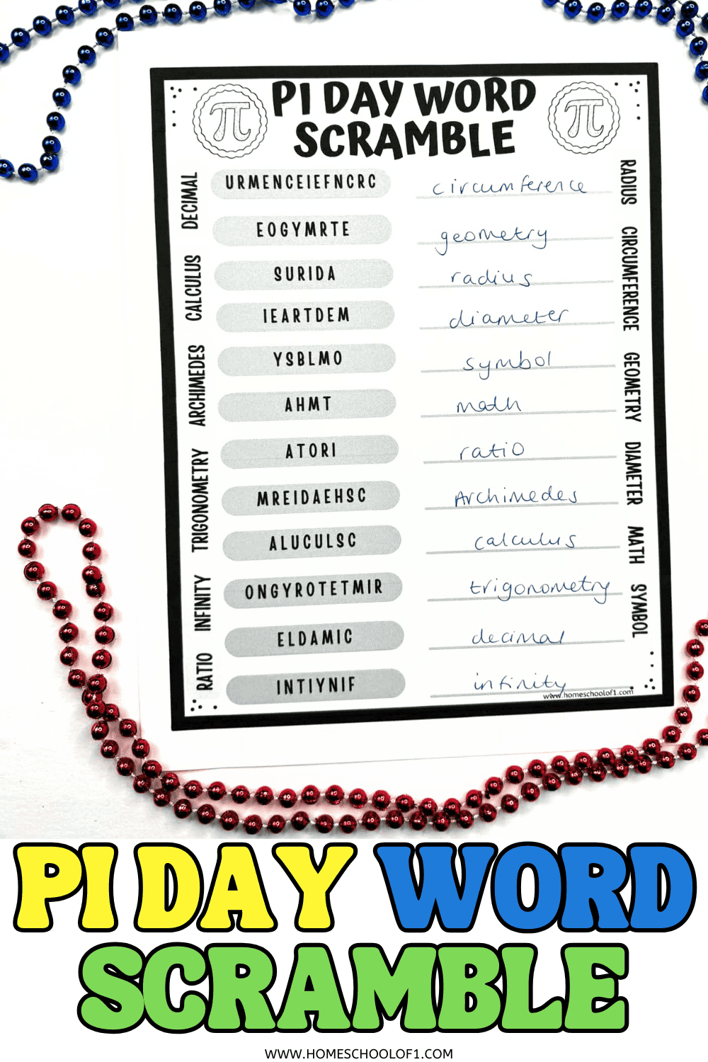 Pi Day word scramble worksheet with scrambled math vocabulary and handwritten answer key including circumference, geometry, radius, diameter, and infinity