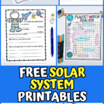 Collection of free solar system printables for kids including coloring pages, counting games, writing prompts, word searches, memory match, and moon phases crossword.