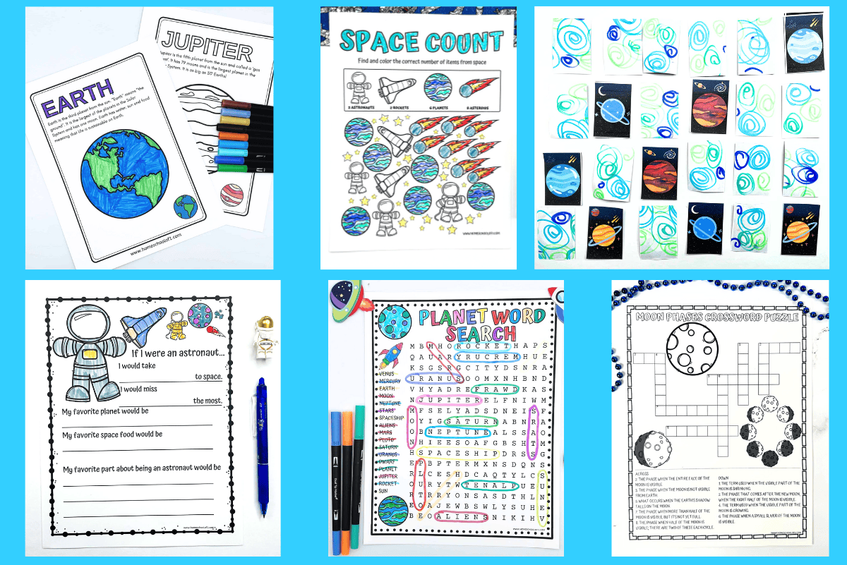 Collage of six free solar system printables for kids, including Earth and Jupiter coloring pages, a space counting activity, solar system memory game, astronaut writing prompt, planet word search, and a moon phases crossword puzzle.