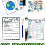 Printable solar system worksheets for kids including planet coloring pages, space counting activity, astronaut writing prompt, and planet word search.